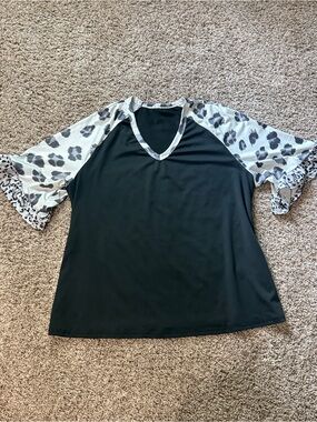 Plus-Size Black Top with White Leopard Raglan Sleeves